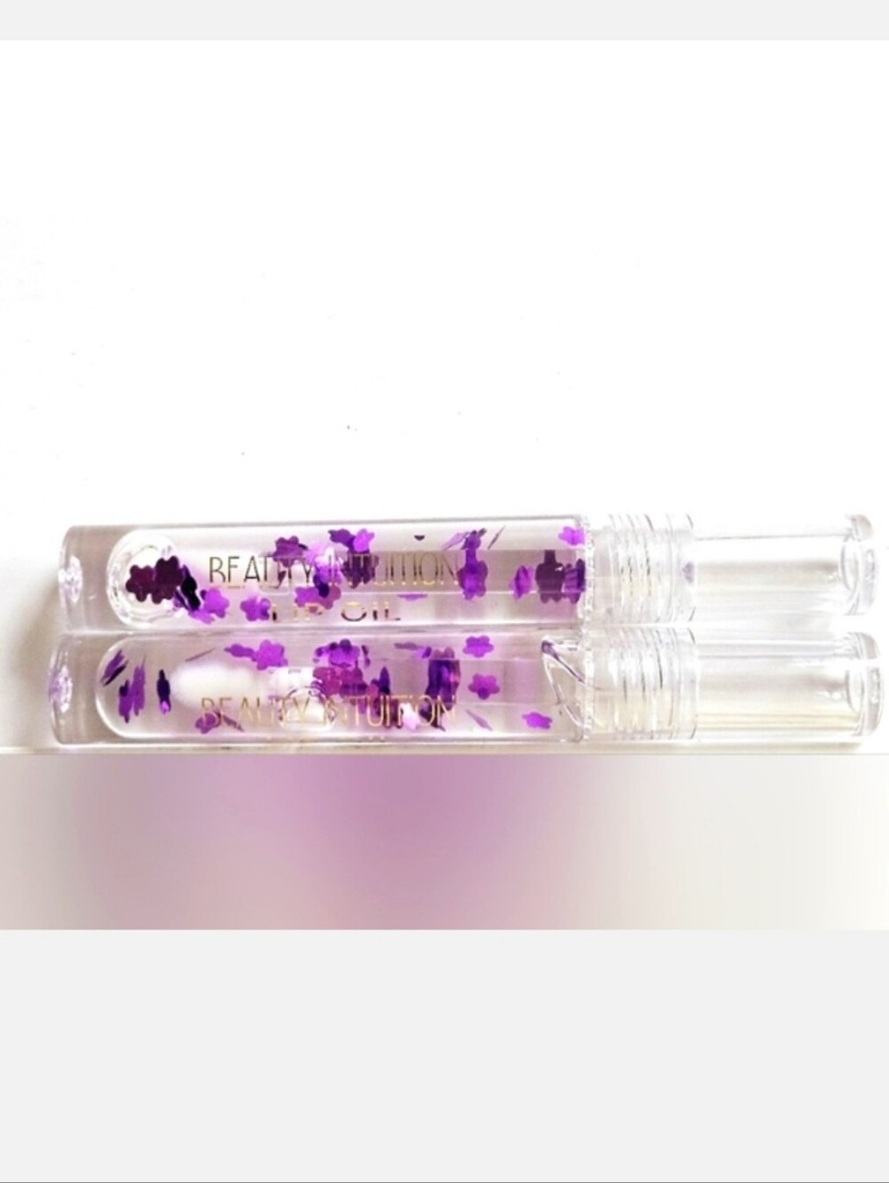 NWT 》2×《 BEAUTY INTUITION CLEAR PURPLE FLOWERS SEQUINS LIP OIL WITH LIP WAND!